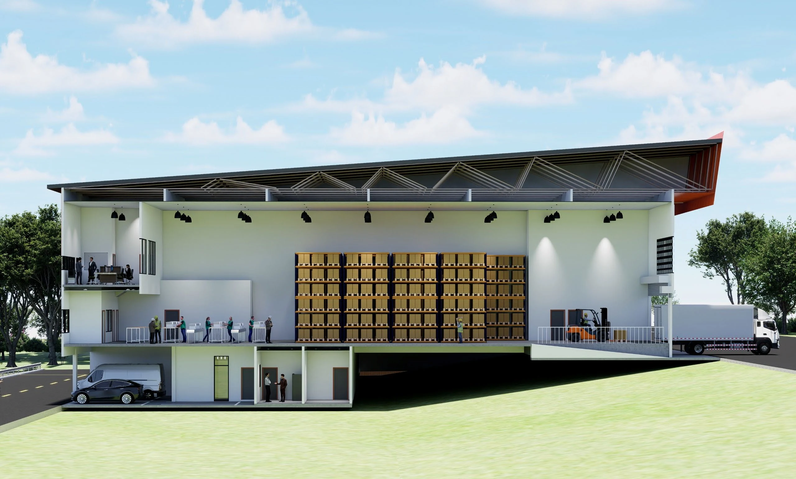 Factory cross section illustrating office, reception, parking and loading bay
